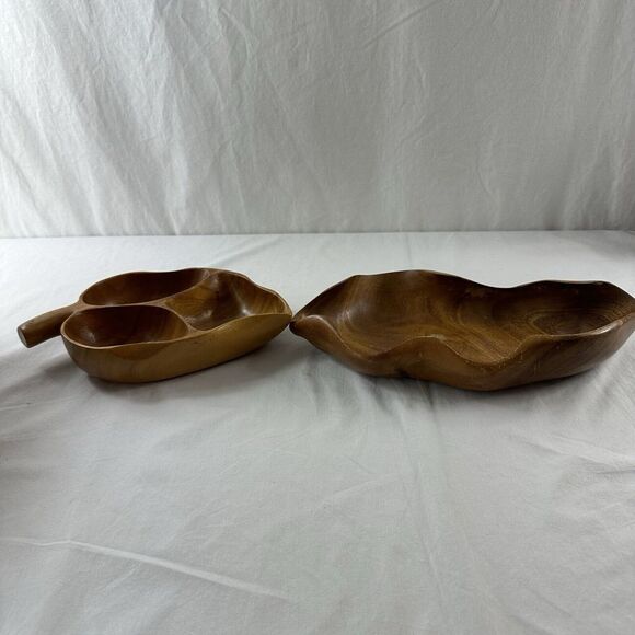 2 Vtg House Of Monkey Pod Wood Dishes Divided Leaf Bowl & Abstract Bowl Hawaii - Picture 5 of 15